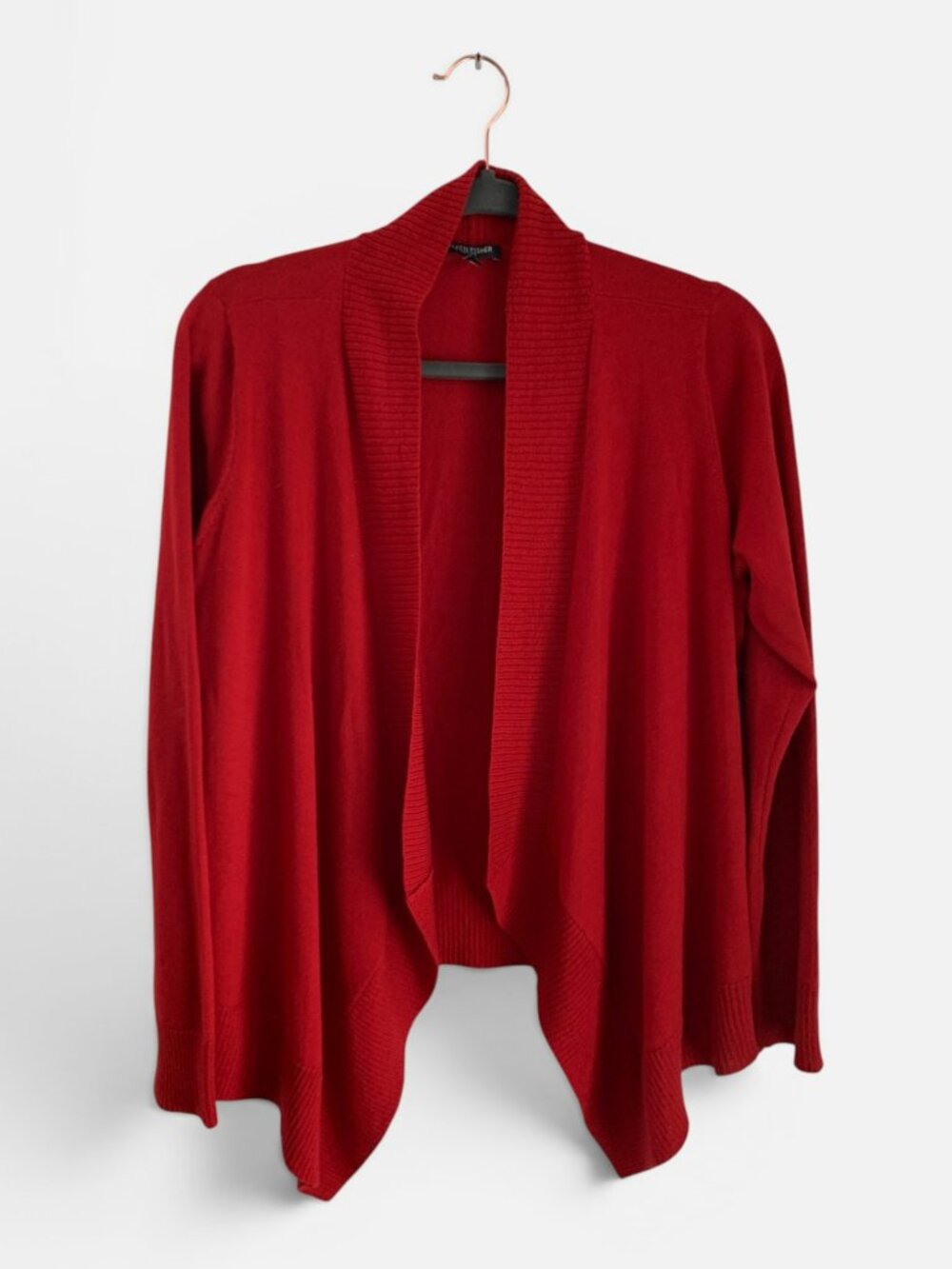 Eileen Fisher Petite 100% Merino Wool Waterfall Cardigan Sweater Red PL